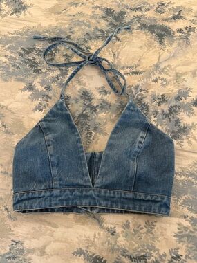Bardot Denim Halter Crop Top - Blue